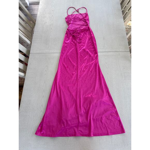 Lulus Radiant Stunner Hot Pink Satin Rhinestone Lace Up Maxi Prom Dress - Picture 2 of 6